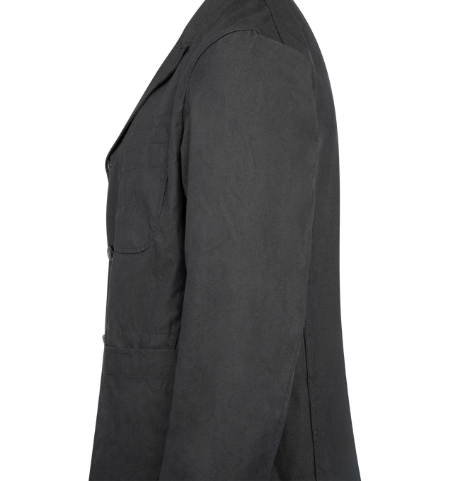 Image 3 of 3 - GREY - ENGINEERED GARMENTS Bedford Jacket featuring peaked lapels, four patch pockets, reinforcement fabric and visible stitching at stress points like the shoulders and pocket interiors and three button closure. 80% cotton, 20% polyester. Made in USA.