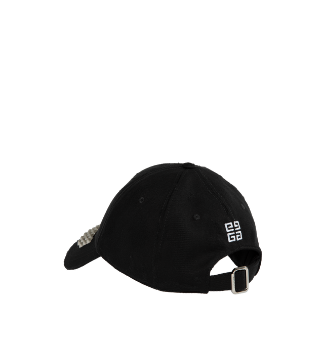 Image 2 of 2 - BLACK - GIVENCHY STUD LOGO CAP featuring embroidered eyelets at crown, logo embroidered at face, stud detailing at curved brim, logo graphic embroidered at back face, cinch-strap at back face, grosgrain browband and logo-woven satin lining. 100% cotton. Lining: 100% cupro. Made in Italy. 