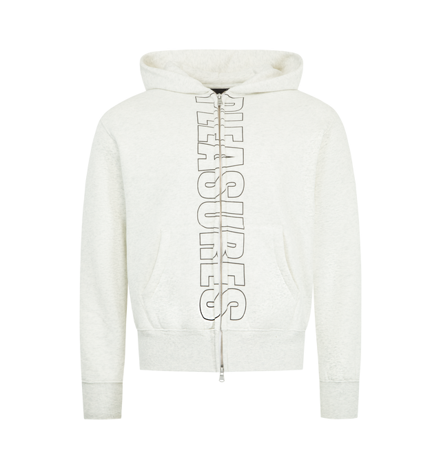 Image 1 of 2 - WHITE - PLEASURES Impact Zip Graphic Hoodie featuring oversized logo down the center, two-way front-zip closure, fixed hood, split kangaroo pocket, dropped shoulders, ribbed cuffs and hem and lined hood. 54% polyester, 46% cotton.