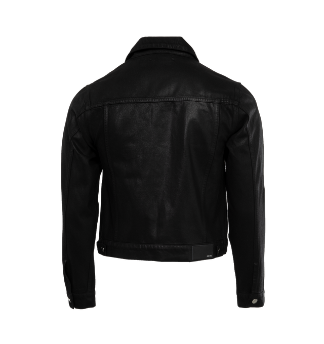 Image 2 of 4 - BLACK - AMIRI Wax Trucker Jacket featuring spread collar, long sleeves, chest flap pockets and side-seam pockets and button front closure. Made in Italy. 