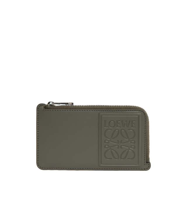 Image 1 of 3 - GREEN - LOEWE Coin Cardholder featuring debossed LOEWE Anagram patch, four card slots, zip coin compartment and calfskin lining.  3 x 5.1 x 0.4. Satin calf. Made in Spain. 