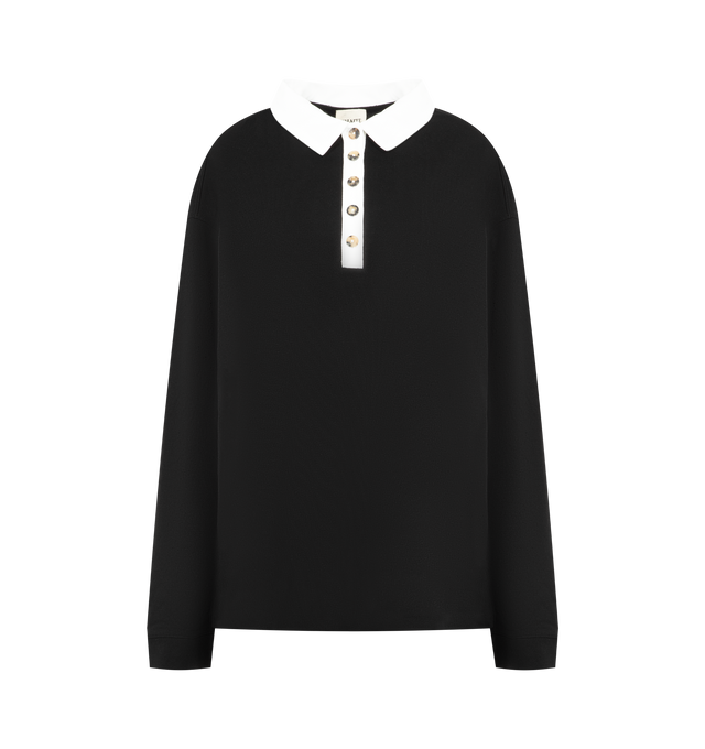 Image 1 of 2 - BLACK - KHAITE Faithful Top featuring long-sleeved polo, contrast collar and placket in robust cotton jersey and tortoiseshell buttons at placket. 100% silk.