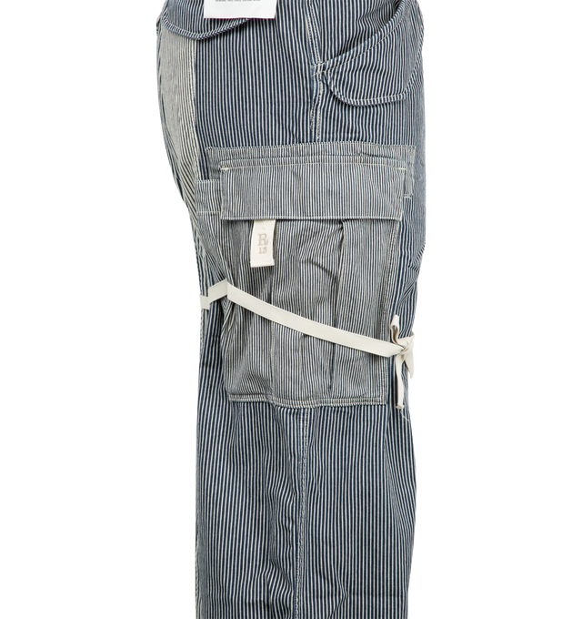 Image 4 of 4 - BLUE - R13 Cropped Cargo Pant featuring drawstring cuffs, button closure and zip fly, stripes throughout and cargo pockets. 100% cotton.