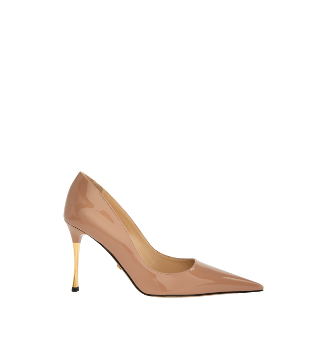 Image 1 of 4 - NEUTRAL - Mach & Mach Women's Supernova Gold Heel Pump is crafted from glossy patent leather and features an elegant pointed-toe silhouette with a 95mm heel. Designed with a gold heel design for a refined statement. Main Material: Patent Leather. Made in Italy.