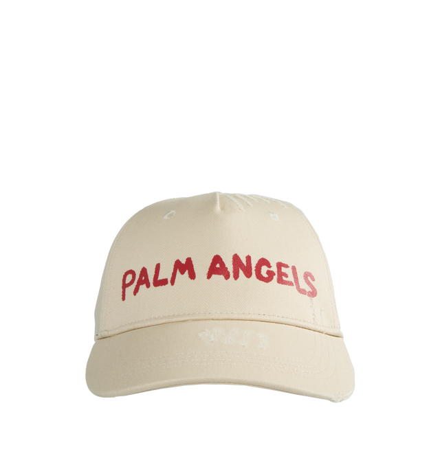 Image 1 of 2 - WHITE - PALM ANGELS MEN'S BUTTER-COLORED BASEBALL CAP WITH PALM ANGELS LETTERING PRINTED IN RED ON FRONT. MADE IN ITALY. 100% COTTON. 