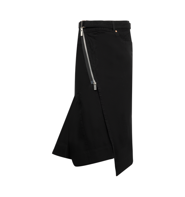Image 1 of 2 - BLACK - SACAI Denim Skirt featuring asymmetrical silhouette, exposed zipper, belt loops with adjustable belt, midi length and back patch pockets. 100% cotton.