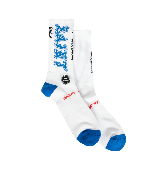 Image 1 of 2 - BLUE - SAINT MICHAEL Saint Socks featuring crew length, ribbed design and jacquard graphics.