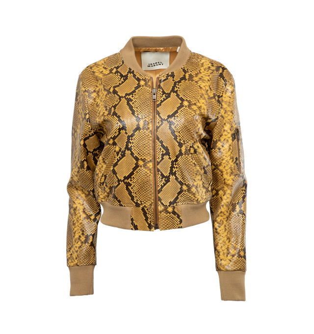 Image 1 of 6 - BROWN - ISABEL MARANT Cerem Cropped Snake-Effect Leather Bomber Jacket featuring front zip closure, long sleeves, ribbed collar hem and cuffs and snake print throughout. 100% lamb leather. 