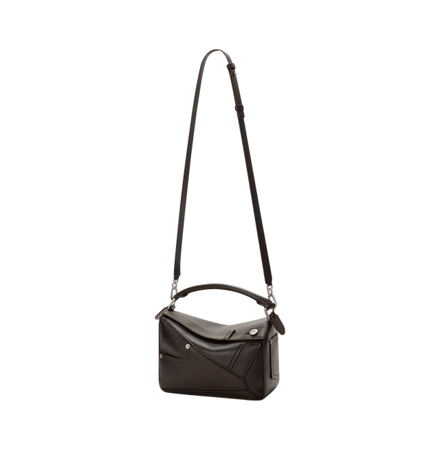 Image 3 of 4 - BROWN - LOEWE Panta Small Puzzle Bag featuring distinctive geometric lines and cuboid form. This small version is crafted in shiny calfskin with denim trousers-inspired details, shoulder, crossbody or hand carry, detachable and adjustable strap, zip closure with calfskin pull, one external rear pocket, one internal slip pocket, herringbone cotton canvas lining and embossed Anagram. Shiny calf. 16.5 cm x 24 cm x 10.5 cm. Made in Spain.