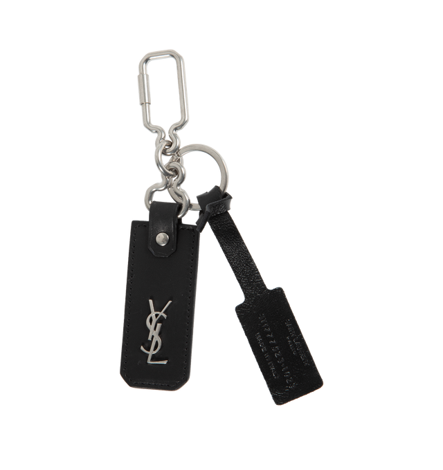 Image 1 of 1 - BLACK - SAINT LAURENT Cassandre Key Ring featuring a metal cassandre on the front, signature on the back and twistlock carabiner. 1.2" X 2.8". 90% calfskin leather, 10% brass. 