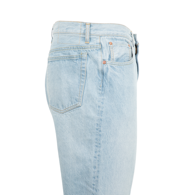 Image 3 of 3 - BLUE - KAPTAIN SUNSHINE Skate Denim Pants featuring regular fit, center creased, zipper fly, 5 pockets and vintage washed. 100% cotton. Made in Japan.