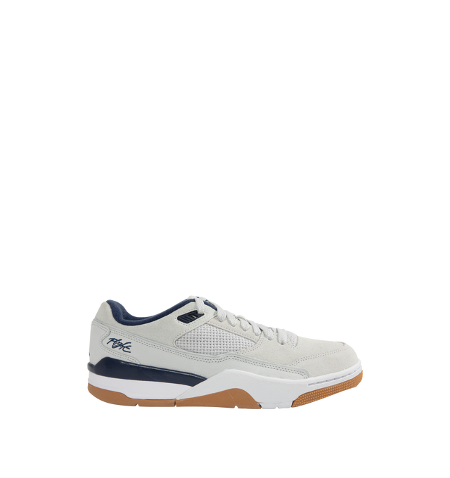 Image 1 of 5 - GREY - JORDAN Flight Court Sneaker featuring real and synthetic leather in the upper, double top eyelet that enables heel lock lacing, embroidered details, foam midsole and rubber outsole.