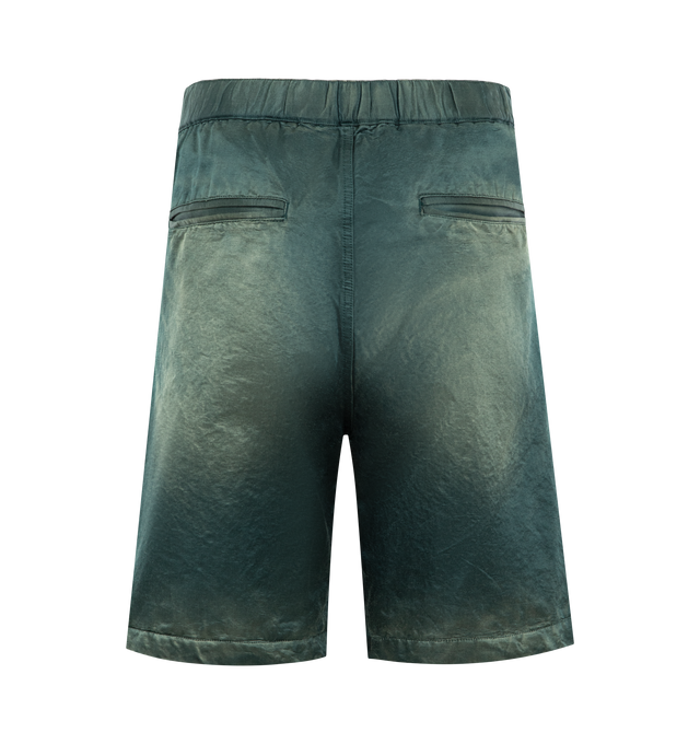 Image 2 of 3 - GREEN - Maison Mihara Yasuhiro Men's Sun Faded Satin Shorts are crafted from satin and feature a relaxed silhouette with a sun-faded finish for a vintage-inspired look. These designer shorts combine lightweight comfort with Maison Mihara Yasuhiro's signature contemporary aesthetic, creating an effortless style for everyday wear. Main Material: Satin. Made in Japan.