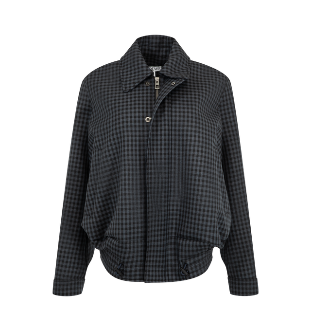 Image 1 of 3 - BLACK - Loewe Women's Drawstring Jacket is crafted from wool and features an allover check pattern, an elasticated waist with drawstring, and a relaxed fit. Designed with a classic collar, a concealed snap-button and zip front fastening, press-stud cuffs, buttoned welt pockets at the front, and inside welt pockets, this fully lined style is finished with a leather patch embossed with LOEWE lettering at the back. Main Material: 100% Wool. Fully Lined. Made in Italy.