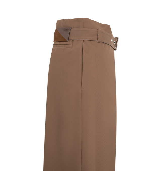 Image 3 of 3 - BROWN - Loewe Women's Trousers are crafted from lightweight cotton utility and feature an asymmetric draped front with a detachable leather-backed buckle belt. Designed with a relaxed, wide-leg silhouette, they are finished with a mid waist, concealed hook-and-button fastening, seam and welt pockets, and a LOEWE-embossed leather and suede patch at the back. Main Material: Cotton. Made in Italy.