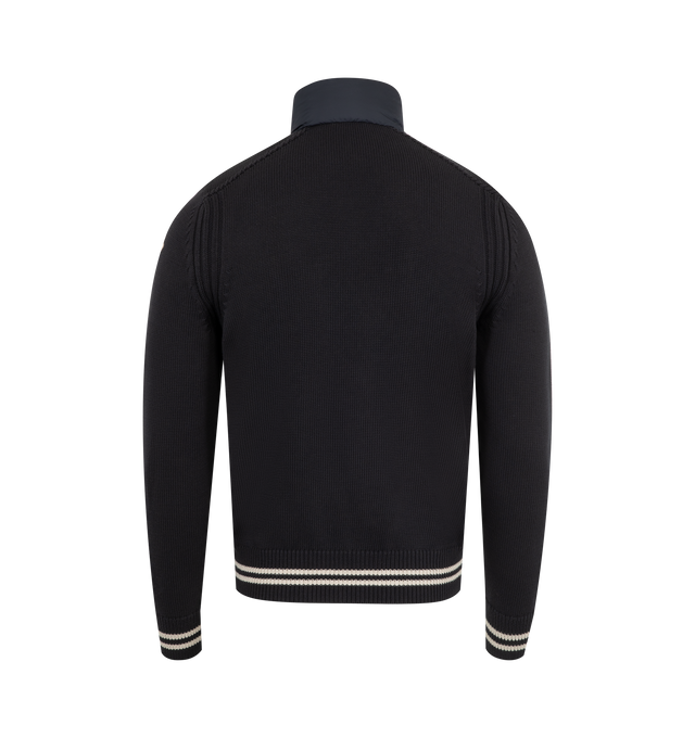 Image 2 of 3 - NAVY - MONCLER Padded Cardigan featuring cotton corduroy and lightweight micro chic, down-filled and padded, stockinette stitch, zip closure, pockets with snap button closure, striped trim and logo. 100% polyester. 100% cotton. Padding: 90% down, 10% feather.