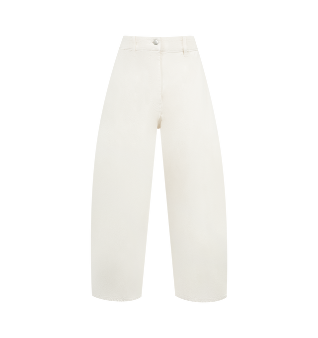 Image 1 of 3 - WHITE - Studio Nicholson Chalco Denim Pants are cut wide and cropped, with a curved leg and dropped crotch, constructed from a recycled denim thats been garment dyed for a soft, easy-wearing finish. Featuring button waist, belt loops, side slash pockets and back patch pockets. 71% Cotton, 16% Reused Cotton, 13% Recycled Polyester.