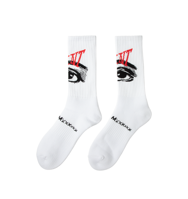 Image 2 of 3 - WHITE - Saint Michael Mens Socks are crafted from a durable cotton-blend knit. Feature ribbed detailing, stitched branding and imagery, and a comfortable stretch fit. Main Material: Cotton, Polyester, Nylon, and Elastane Blend. Made in the USA.