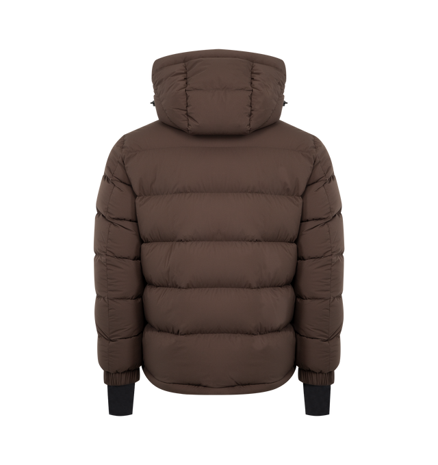 Image 2 of 3 - BROWN - MONCLER Isorno Hooded Down Ski Jacket featuring 2L nylon, micro ripstop lining, down-filled, adjustable hood with 2L technical nylon lining, YKK AquaGuard highly water-resistant zipper closure, external pockets with YKK AquaGuard highly water-resistant zipper closure, inner media pocket, ski pass pocket, powder skirt, stretch jersey cuffs, adjustable hem with drawstring fastening and embossed logo. 100% polyamide/nylon. Lining: 100% polyester. Padding: 90% down, 10% feather. Made in R
