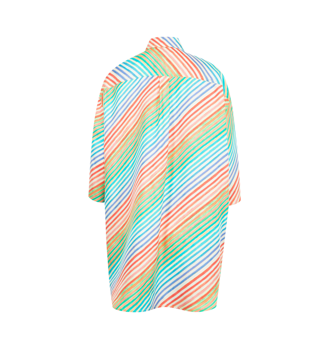 Image 2 of 2 - MULTI - CHRISTOPHER JOHN ROGERS Crayon Stripe Jumbo Short Sleeve Silk Shirt featuring vibrant crayon stripes, spread collar, button closure, short sleeves, chest patch pocket, oversized silhouette, back yoke and box pleat. Silk. Made in USA.