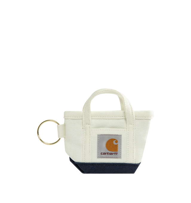 Image 1 of 2 - WHITE - CARHARTT WIP Mini Tote Bag Keychain featuring a heavy cotton canvas, closed with a zipper and equipped with a metal key ring. 100% cotton.