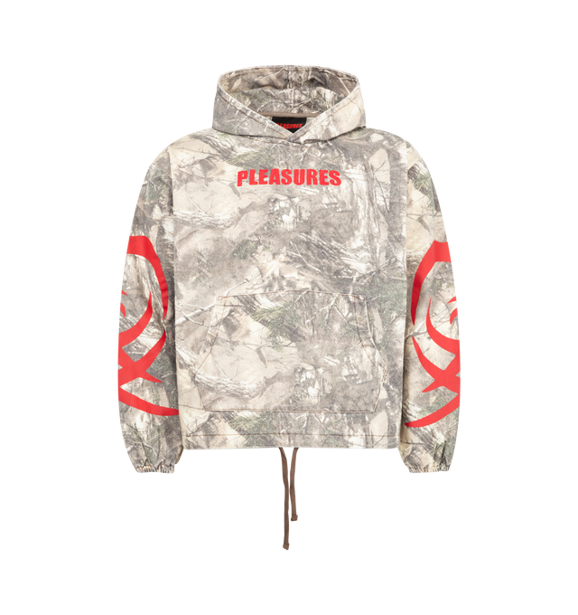 Image 1 of 2 - MULTI - PLEASURES Hunt Poncho Canvas Hoodie featuring faded cotton canvas, graphics on the chest and sleeves, fixed hood, elastic cuffs, kangaroo pocket and drawstring hem. 100% cotton.