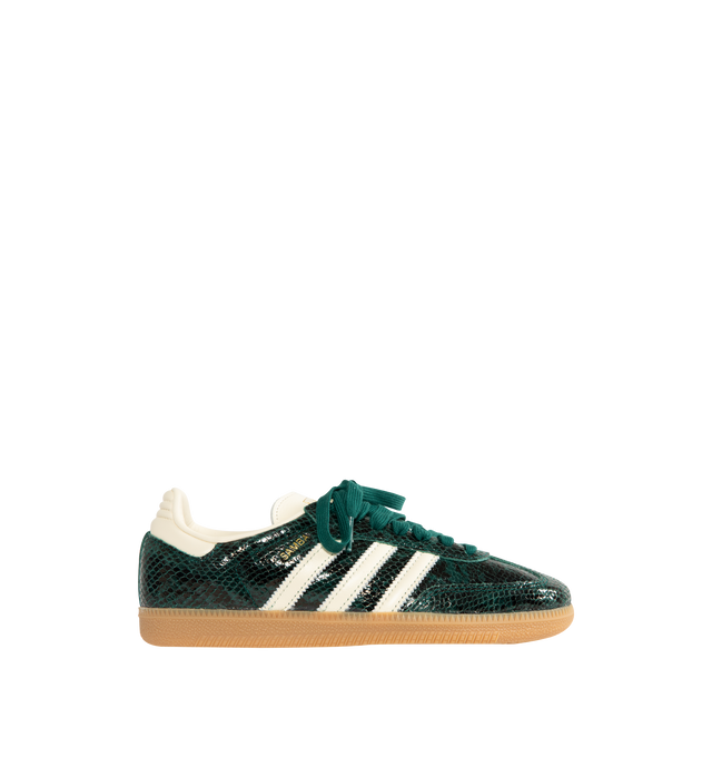 Image 1 of 5 - GREEN - ADIDAS Samba OG Sneakers featuring a snakeskin-look leather upper and overlays, reinforced T-toe, serrated 3-Stripes, regular fit, lace closure, leather upper, synthetic lining and rubber outsole.
