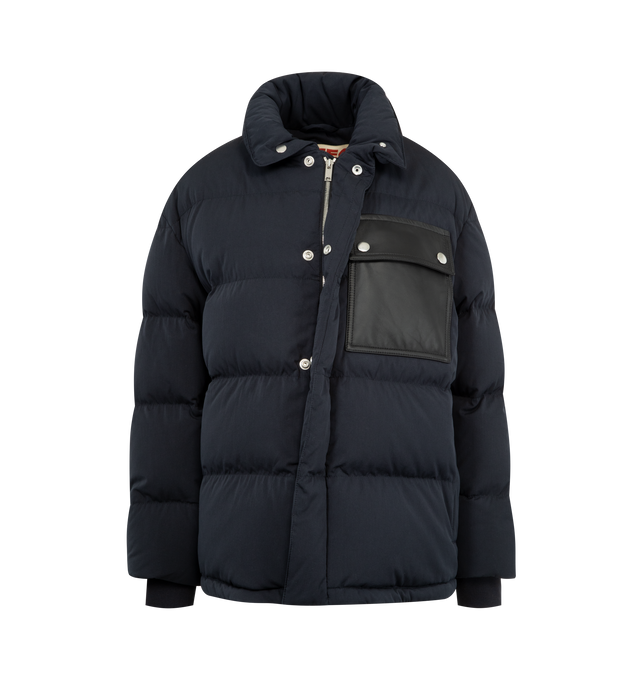 Image 1 of 4 - NAVY - Tech Cotton Puffer Jacket featuring lightweight matte tech cotton, leather pocket detail and internal special label, detachable hood, interior pinched drawstring at the waist, zipper and snap button closure, lined and relaxed fit. 79% cotton, 21% polyamide.