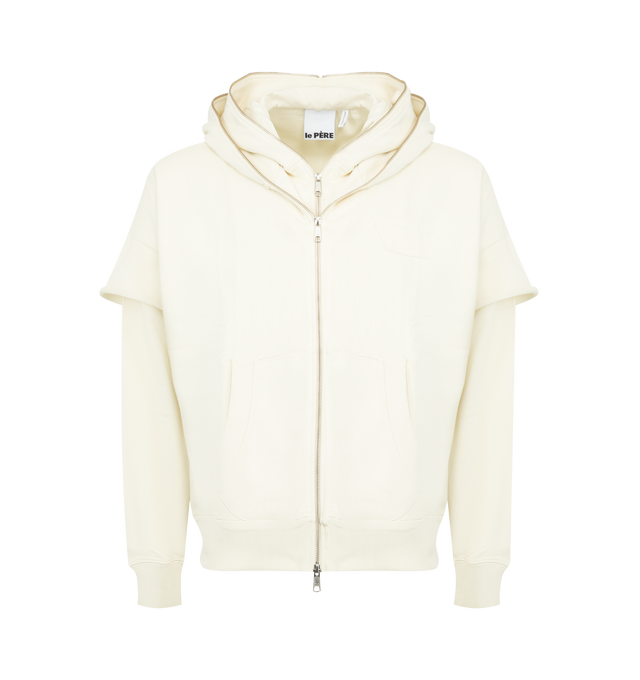 Image 1 of 2 - WHITE - LE PERE Double Hoodie featuring a double zipper, two overlapping hoods, cut-off half sleeves and double zippers running up both hoods. 100% cotton. Made in Portugal.
