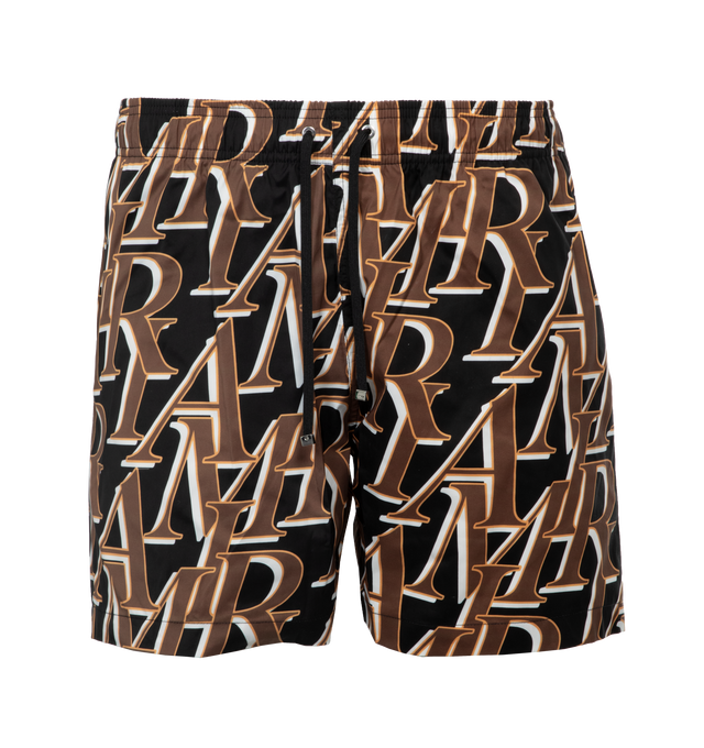 Image 1 of 4 - BLACK - AMIRI stacked logo print swim trunks featuring adjestable drawcord. Made in Italy. 90% Polyester / 10% spandex. 