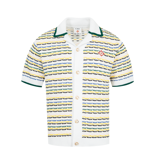 Image 1 of 2 - MULTI - CASABLANCA Tuck Stitch Shirt featuring a short-sleeve knitted design, the house's signature diamond logo, Cuban-style collar, button closure, signature gold rim pearl buttons and ribbed collar, cuffs, hem, and placket detail. 100% cotton.