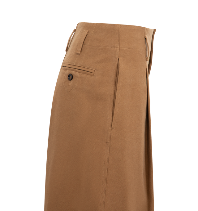 Image 3 of 3 - BROWN - CHLOE Pant featuring pleats on front, double button and zip closure, wide leg, belt loops, two side pockets and two back welt pockets with button. 100% cotton.