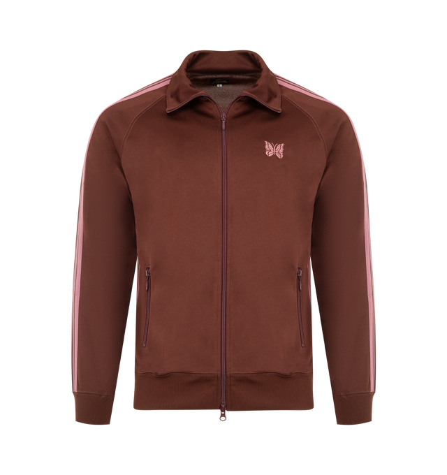 Image 1 of 3 - BROWN - NEEDLES Track Jacket featuring a zipped closure, zipped pockets, striped taping, ribbed trims and embroidered branding. 100% polyester. Made in Japan.
