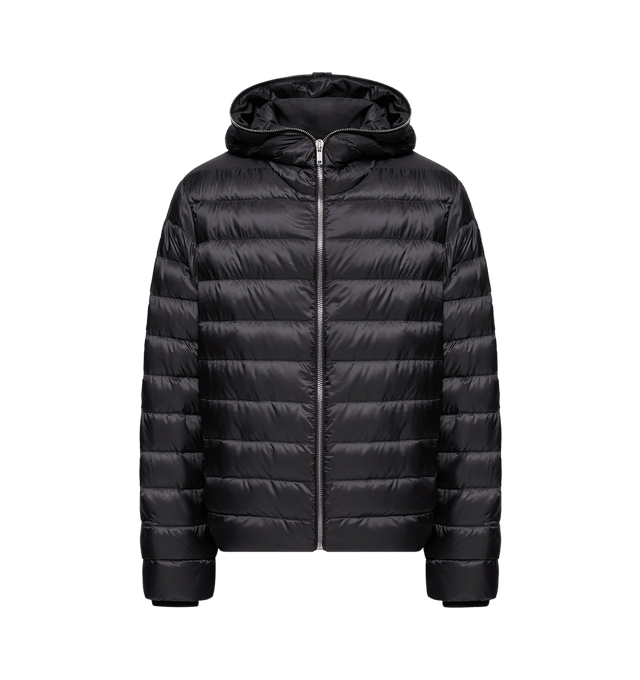 Image 1 of 1 - BLACK - RICK OWENS X MONCLER Ziplock Hooded Short Down Jacket featuring ultra-light polyester, ultra-light polyester lining, wool blend knit trim, down-filled, hood, zipper closure, pockets with snap button closure, ribbon at the back and embroidered logo patch. 100% polyester. Padding: 90% down, 10% feather.