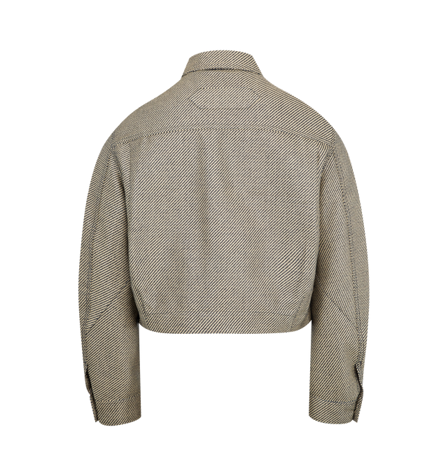 Image 2 of 3 - BROWN - JACQUEMUS Canevas de-Nmes Denim Jacket featuring zipped denim jacket, boxy fit, soft woven raffia and denim, pointed collar, contrast bartacks, zipped closure with long puller, laser-printed logo on the chest, long sleeves, large welt pockets, contrast horn buttoned cuffs, embroidered patch on the back and back yoke. Made in Italy.