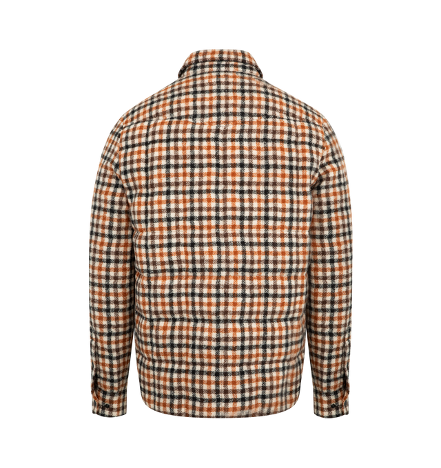 Image 2 of 3 - BROWN - MONCLER GRENOBLE Gelt Wool Down Shirt Jacket featuring wool, micro ripstop lining, down-filled, snap button closure, pockets with snap button closure and adjustable cuffs. 100% virgin wool. Lining: 100% polyester. Padding: 90% down, 10% feather. Made in Romania.