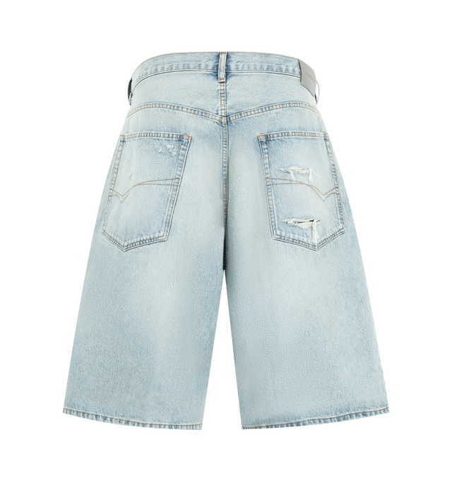 Image 2 of 3 - BLUE - BALENCIAGA Stay Press Shorts featuring cotton denim, mid-rise waist shorts, worn-out details, covered zip fly, belt loops and five-pocket design. 100% cotton. Made in Japan.