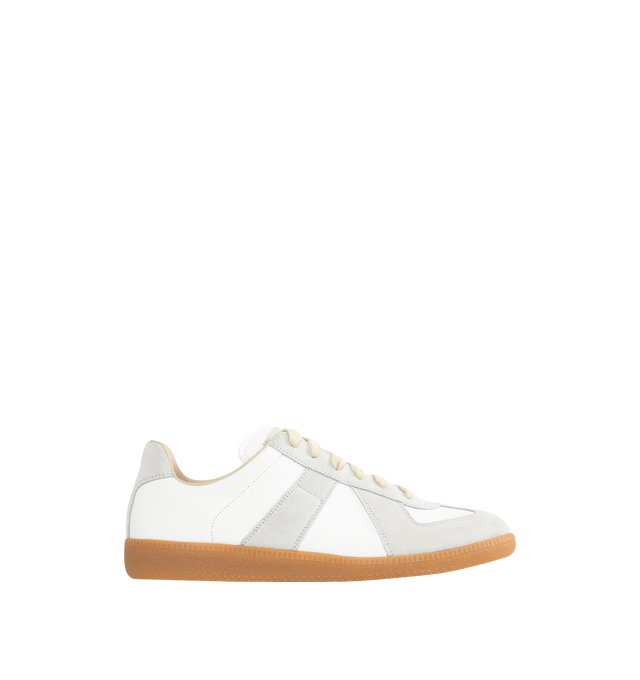 Image 1 of 5 - WHITE - MAISON MARGIELA Replica Sneakers featuring lace-up sneakers in buffed nappa calfskin and calfskin suede, contrasting sole, Maison Margiela logo label on the tab, internal Replica label, internal elastic and all-over Maison Margiela logo insole. 100% calf leather. Sole: 100% rubber. Made in Italy.