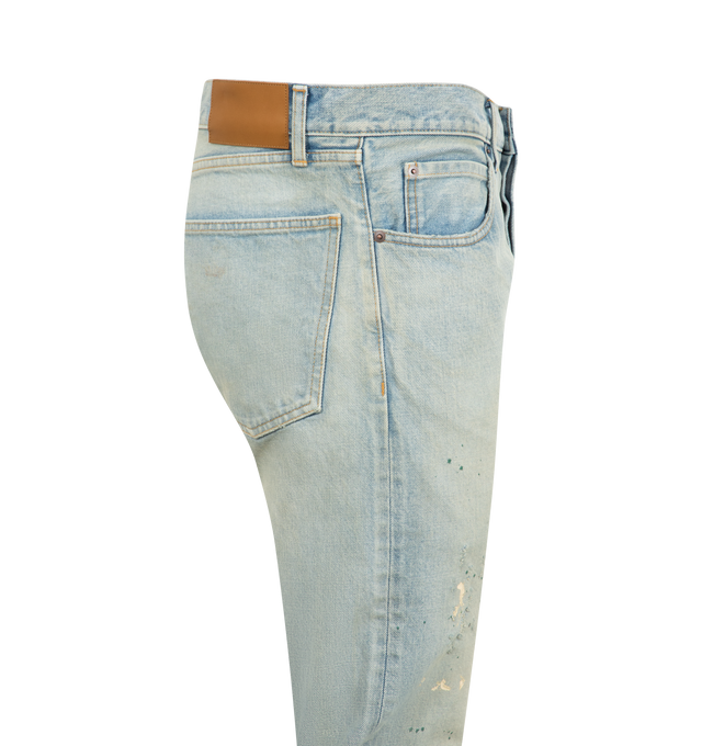 Image 3 of 3 - BLUE - SEEKINGS Slim Jeans featuring vintage wash with light abrasions throughout, 5 pocket styling, button fly, high rise, slim leg, leather patch on back of waistband and logo engraved hardware. 100% cotton. Made in Japan.