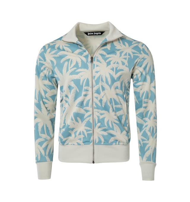 Image 1 of 2 - BLUE - PALM ANGELS Palm Track Jacket featuring rib knit stand collar, hem, and cuffs, zip closure, zip pockets, side stripe detailing and full jersey lining. 100% recycled polyester. Made in Italy. 
