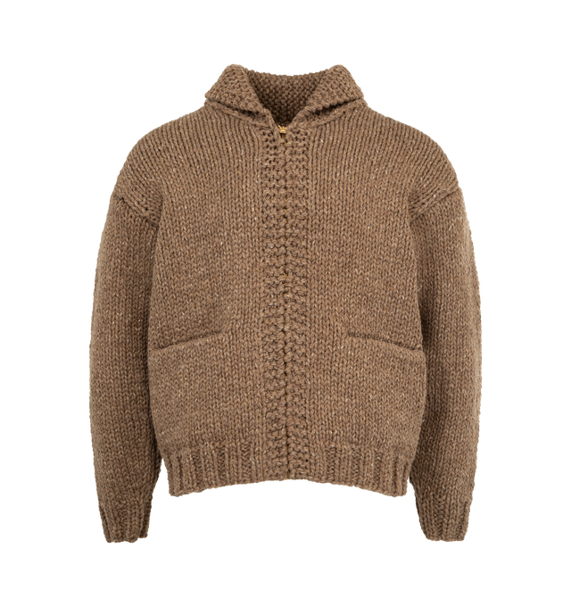 Image 1 of 2 - BROWN - VISVIM Cowichan Hand Knit Cardigan featuring custom wool cashmere blend, pressed finish, zip front closure, front patch pockets, ribbed hem and cuffs and chunky neck. 90% wool, 10% cashmere.