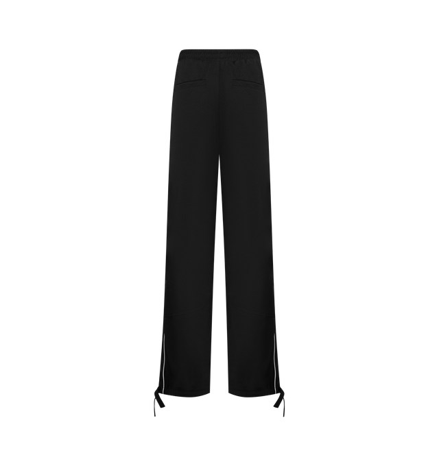 Image 2 of 3 - BLACK - RHUDE Piping Parachute Track Pants featuring concealed drawstring at elasticized waistband, four-pocket styling, mock fly, logo printed at front, tucks at knees, drawstring at elasticized cuffs, piping at outseams and full polyester satin lining. 70% cotton, 30% polyester. Lining: 100% polyester. Made in United States.