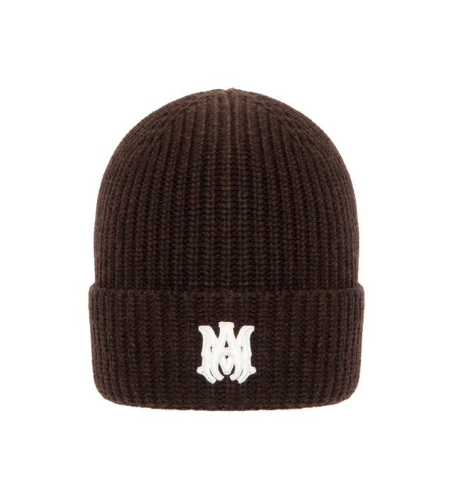 Image 1 of 2 - BROWN - AMIRI MA Embroidered Wool Rib Beanie Hat featuring iconic MA monogram embroidered in a contrasting colorway and foldover brim. Virgin wool. Made in Italy.