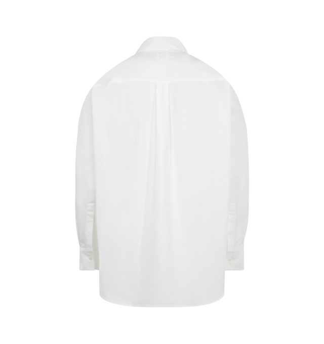 Image 2 of 2 - WHITE - JACQUEMUS The Nappe Shirt featuring cotton poplin shirt, spread collar, button closure, logo-embroidered flap pocket at waist, shirttail hem, buttoned barrel cuffs, logo locker loop at back collar and box pleat at back yoke. 100% cotton. Made in Portugal.