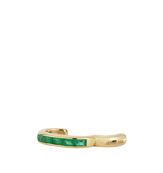 Image 3 of 3 - GREEN - Renna Equator Emerald Ear Cuff is crafted in 18K yellow gold and features approximately 0.60 total carats of channel-set emeralds for a vibrant touch of color and brilliance. Designed with a hinged opening for a secure and comfortable fit, this fine jewelry ear cuff showcases Renna's refined craftsmanship and modern approach to precious gemstones. Main Material: 18K Yellow Gold. Gemstones: Emeralds. Total Gemstone Weight: Approximately 0.60 TCW. Setting: Channel-Set. Closure: Hinged O