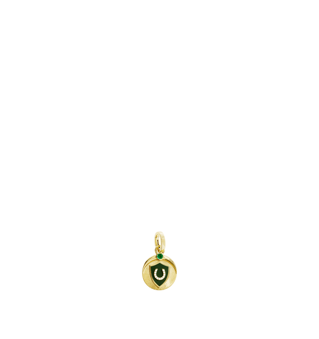 Image 1 of 2 - GOLD - FOUNDRAE Protection Baby Ceramic Medallion featuring 18k Yellow Gold with Diamonds and Emerald with an Annex Link. Diamond Weight: 0.029 ct and medallion measures 15mm. Hirshleifers offers a range of initial pieces from this collection in-store. For personal consultation and detailed information about jewelry, please contact our dedicated stylist team at personalshopping@hirshleifers.com.