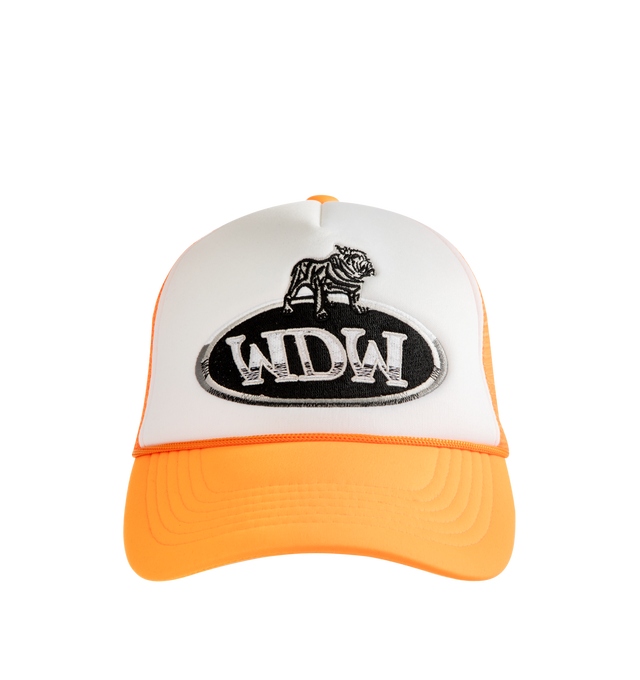 Image 1 of 2 - ORANGE - WHO DECIDES WAR Dale Trucker Cap featuring a poly/cotton blend, original artwork directly embroidered, an adjustable snap closure and a breathable mesh back.