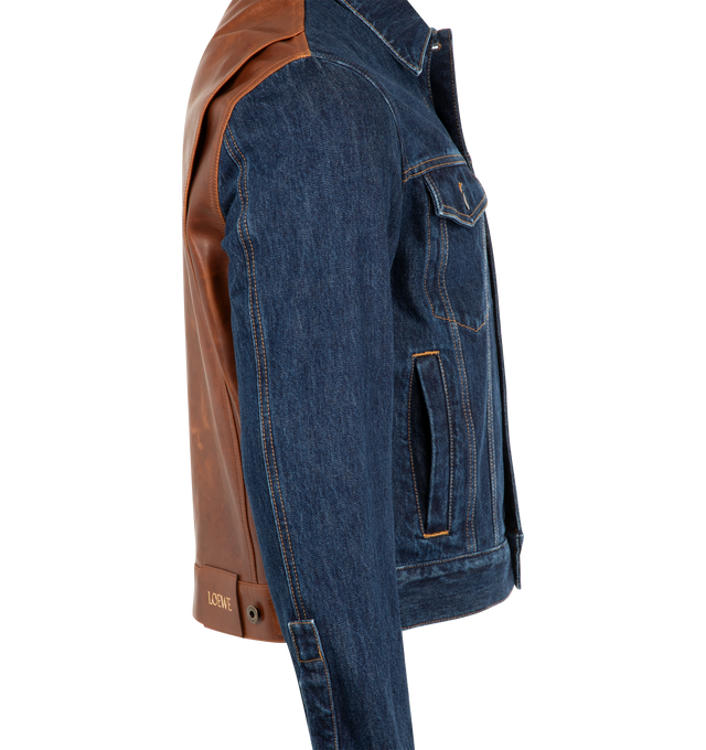 Image 3 of 3 - BLUE - Loewe Men's Jacket in medium-weight cotton denim and nappa calfskin featuring a hybrid construction, relaxed fit, regular length, classic collar, button front fastening, buttoned cuffs, chest patch pockets, welt pockets and LOEWE embossed leather patch placed at the back. Raw Denim - Cotton/Nappa. Made in Italy.