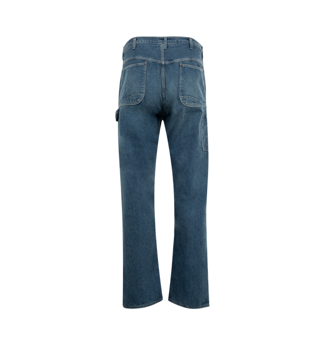 Image 2 of 3 - BLUE - ORSLOW Denim Painter Pants featuring zipper fly, utility pockets, triple needle stitch construction and leather patch. 100% cotton.