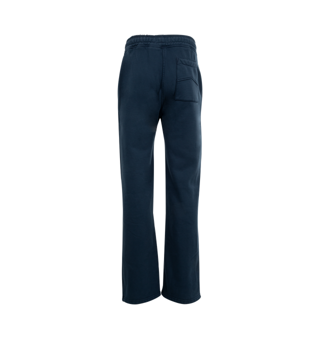 Image 2 of 3 - NAVY - RHUDE Classique Sweatpants featuring heavyweight cotton-blend fleece, drawstring at elasticized waistband, three-pocket styling, logo embroidered at front and gusset at inseam. 98% cotton, 2% polyester. Made in United States.